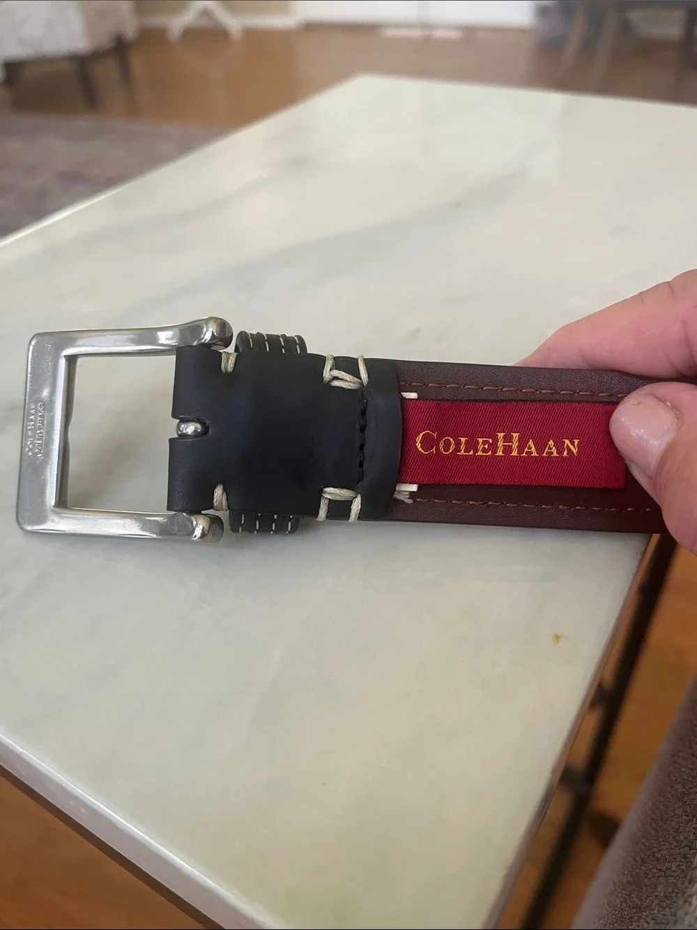 Men’s Cole Haan Leather Belt brass size 36” brown Buckle 1.5”